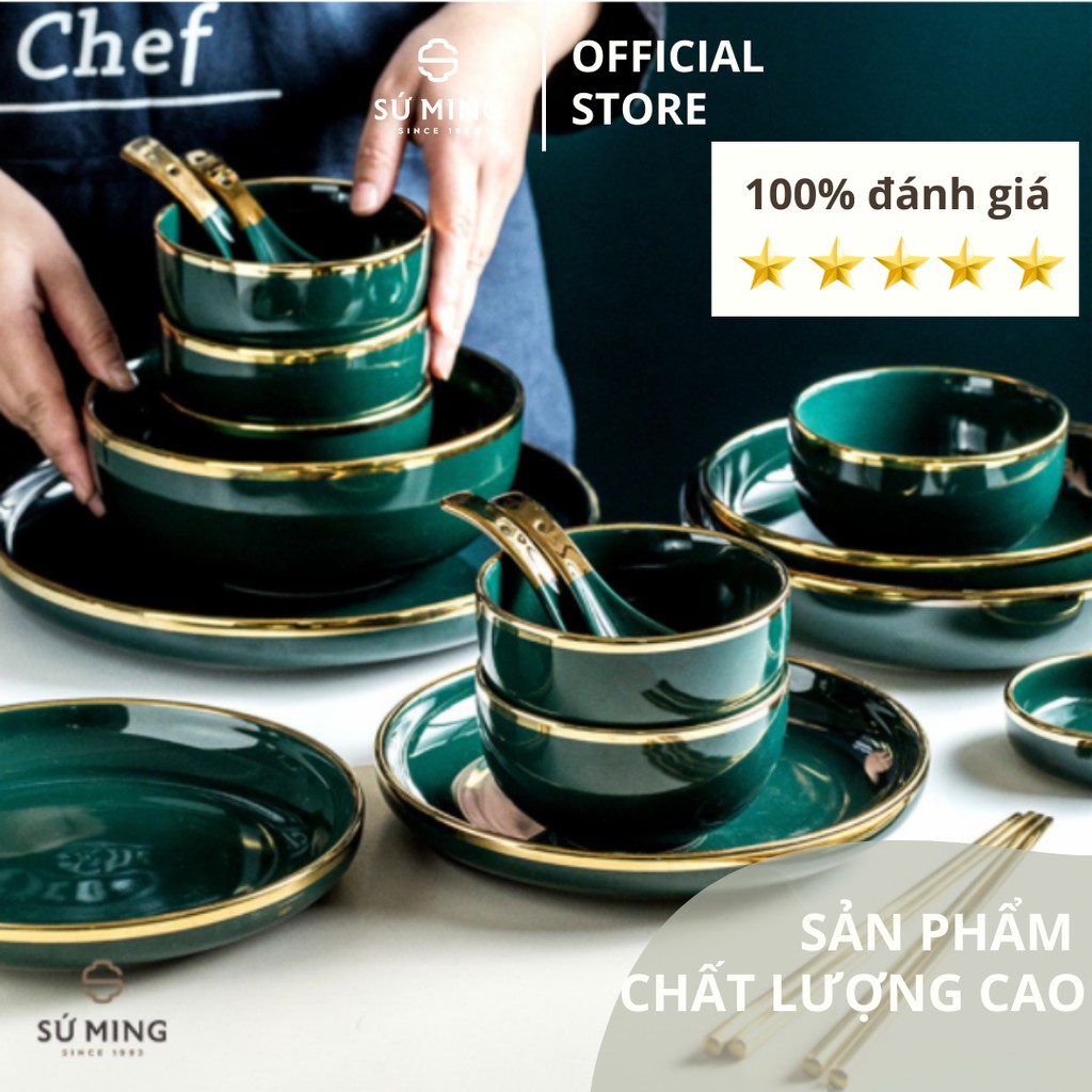 Bộ Bát Đĩa Sứ Xanh Ngọc Lục Bảo [BẮC ÂU] [CAO CẤP] sang trọng, viền vàng 24k, nhiều màu sắc lựa chọn.