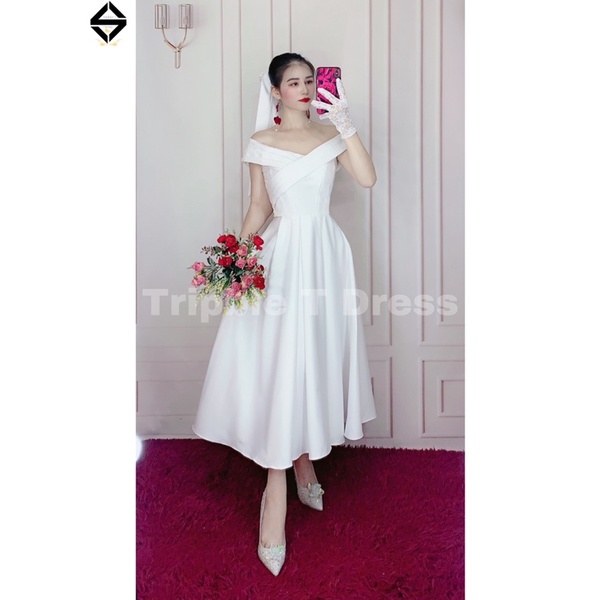 Đầm xoè cưới bẹt vai xếp ly form ngắn tặng kèm lúp nơ y hình TRIPBLE T DRESS - size S/M/L - MS182Y