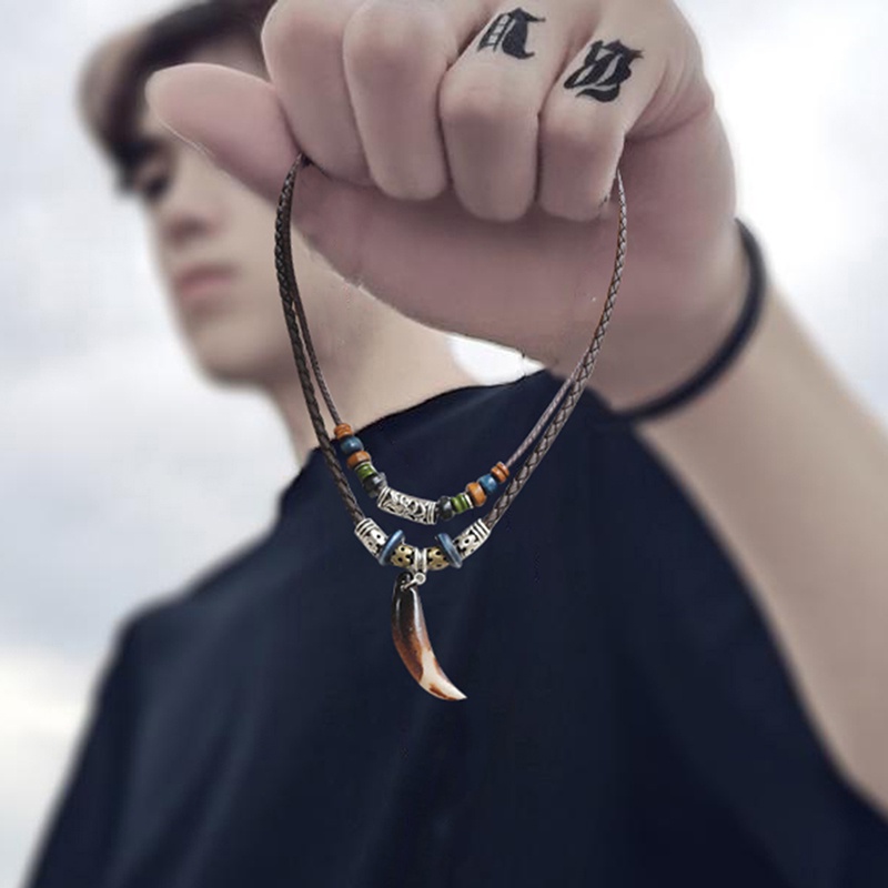 Vòng Cổ Dây Da Mặt Răng Sói Phong Cách Bohemian Dành Cho Nam Nữ