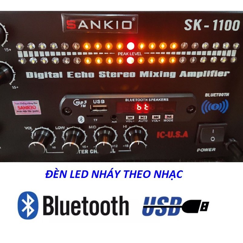 Amply Bluetooth SANKIO SK-1100 - Ampli Karaoke gia đình 8 sò Nhật lớn - Đèn nháy cực đẹp