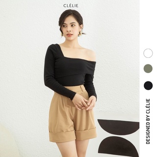 Áo thun tay dài body trễ vai họa tiết trơn | fuzzy top - clélie