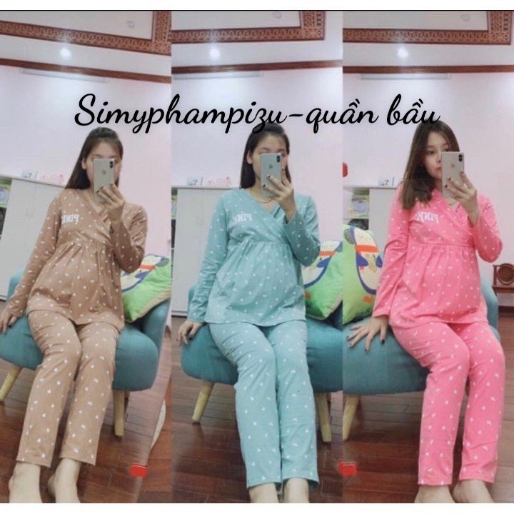 Bộ đồ bầu Pink - Bộ dài Vạt Chéo mặc bầu và sau sinh