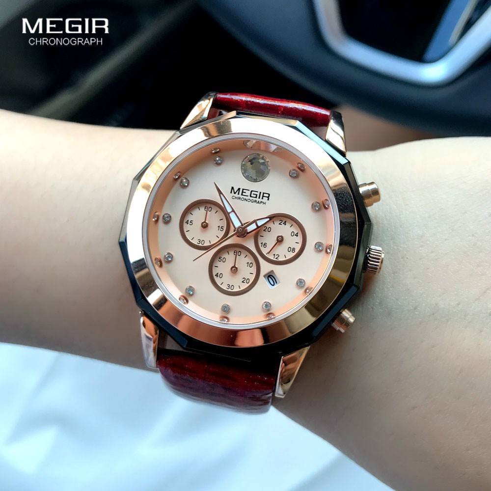 Fashionable Quartz Watches Megir 2042 Women Luxury Chronograph Wrist Watches Red Ladies Wristwatch Genuine Leather Strap Female