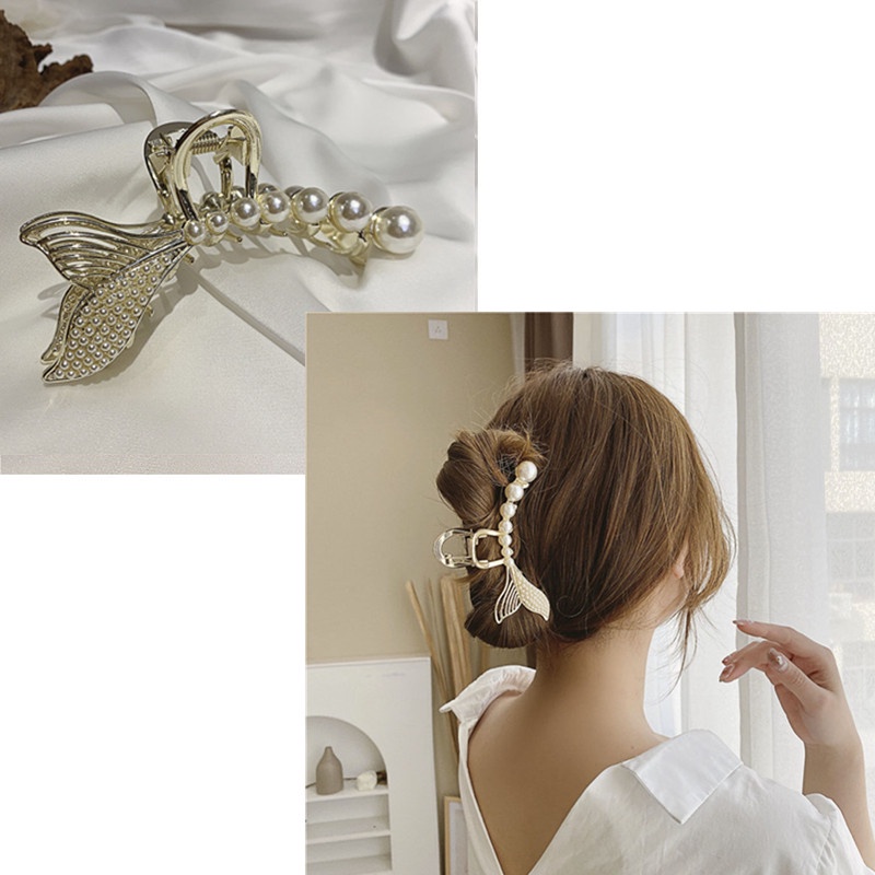 Kẹp tóc kim loại kiểu đuôi cá đính hạt ngọc trai thanh lịch cho nữ
