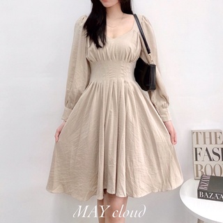 Đầm tay dài xếp li eo