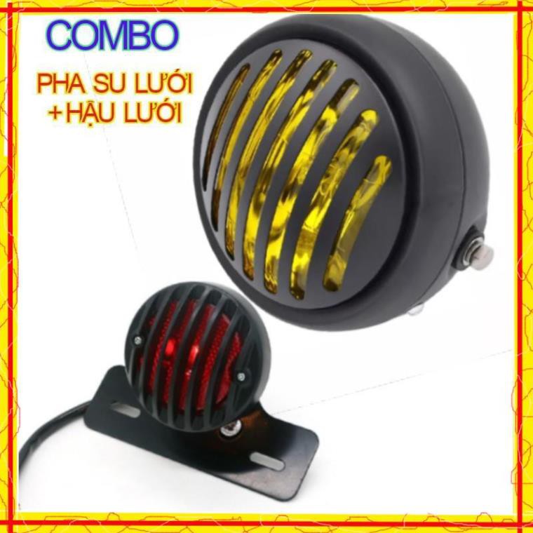 Combo đèn pha tròn gáo săt có lưới bảo vệ và đèn hậu lưới chuyên độ Cafe racer Tracker Win Gn125