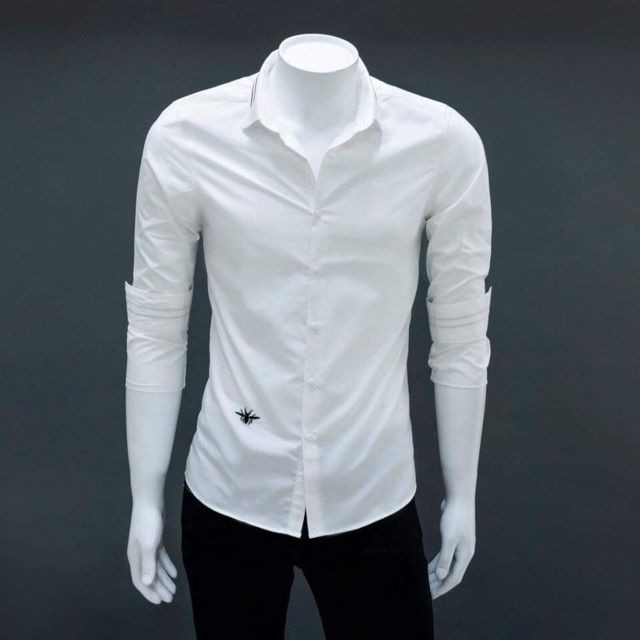 Áo sơ mi nam trắng trơn viền cổ, viền tay thêu hình nhện cá tính