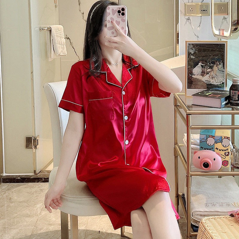 ✴nightdress nữ mùa hè ngắn tay lụa băng áo sơ mi pyjama sexy dài trung cộng với size váy mỏng phục vụ tại nhà