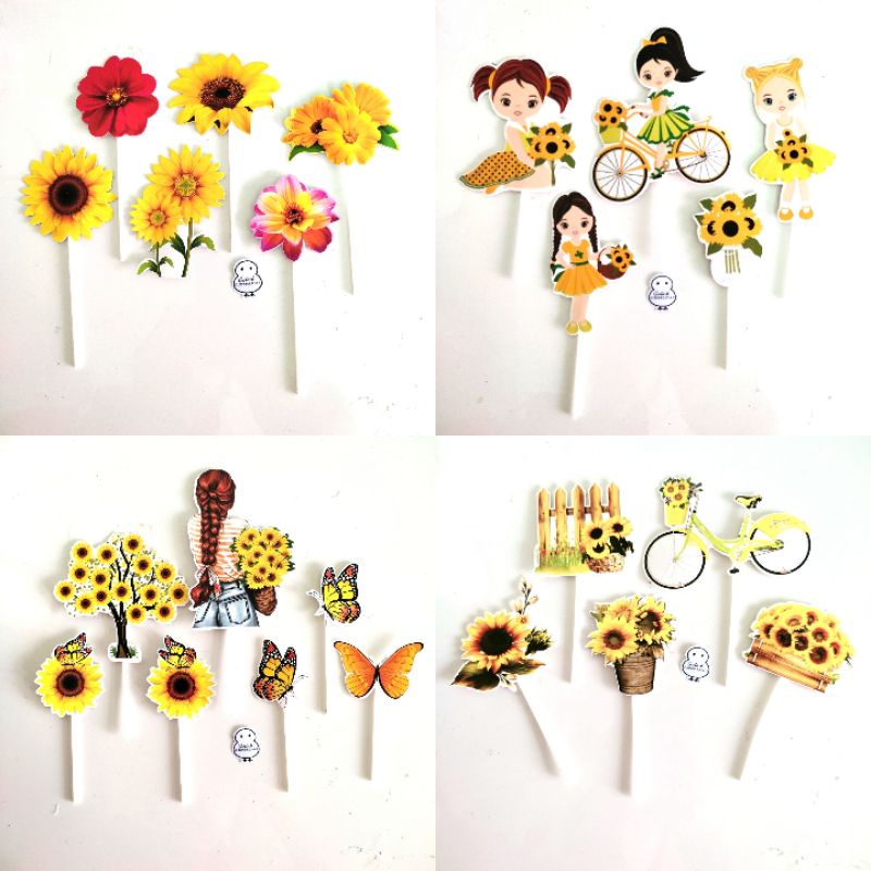Set cắm giấy xe đạp hoa hướng dương trang trí bánh kem sinh nhật, hình cắm giấy