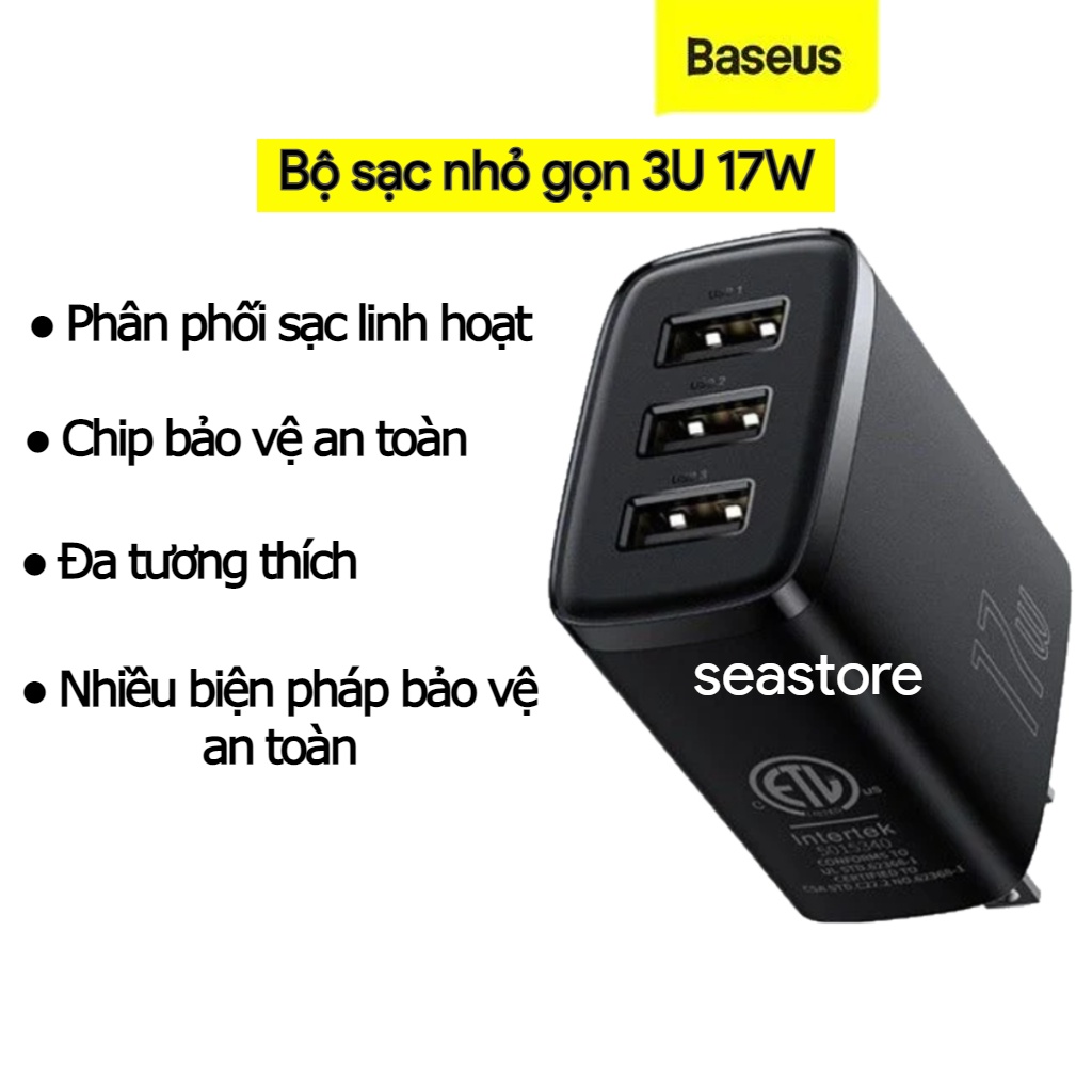 Củ sạc 3 cổng Baseus - Sạc 3 thiết bị cùng lúc- Hàng Chính Hãng - Bảo Hành 12 tháng