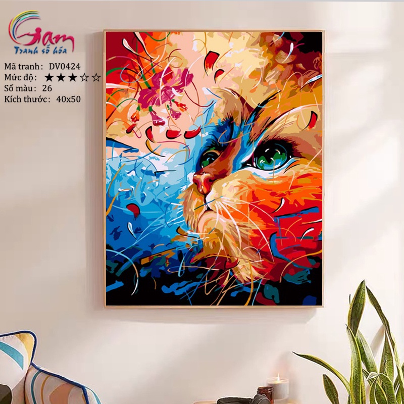 Tranh tô màu số hóa Gam mèo và hoa có sẵn đã căng khung 40x50cm DV0424