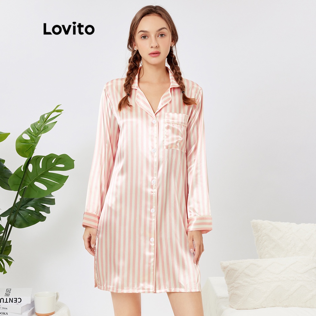 Váy ngủ Lovito Satin sọc thường L26AD097 (Hồng)