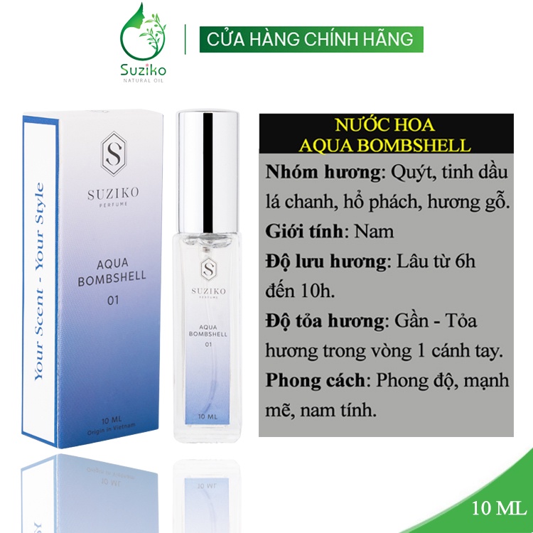 Nước hoa nam Suziko Aqua bombshell phong độ, mạnh mẽ. Nước hoa mini 10ml dạng xịt tiện lợi