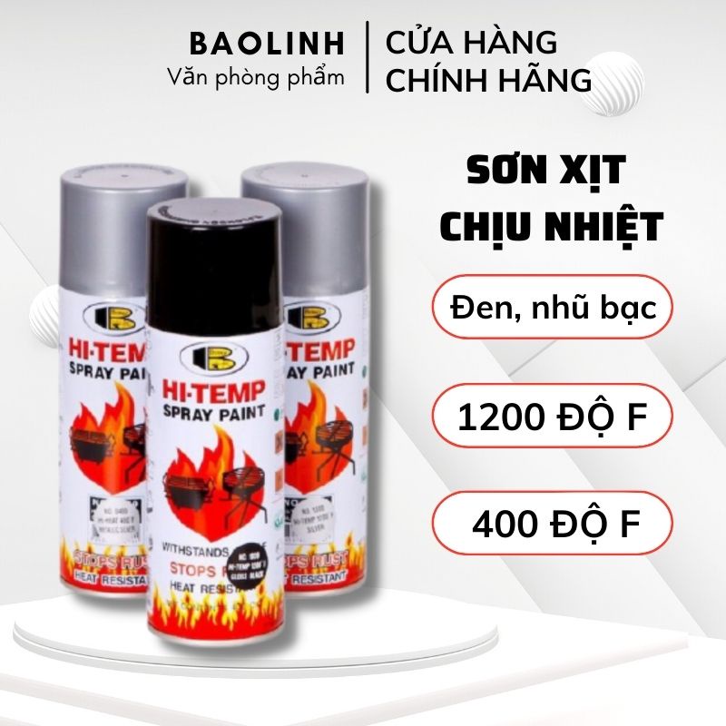 Sơn Chịu Nhiệt Hi-temp Bosny - Sơn Xịt Nhiệt Độ Cao 400-1200 độ F Màu Đen, Nhũ Bạc BOSNY Hàng Chính Hãng -vanphongphamBL