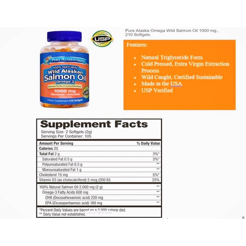 (Date 23 Mỹ) Viên uống dầu cá hồi Pure Alaska Omega-3 Wild Salmon Oil 1000mg hộp 210 viên | BigBuy360 - bigbuy360.vn