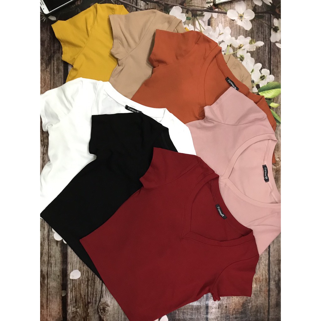 Áo croptop cổ tim Basic JOY BABE 💔 viền cổ may ngay ngắn, thun Forever 21 co giãn 4 chiều tốt 💛 cổ chữ V trơn CRON 2 -4D