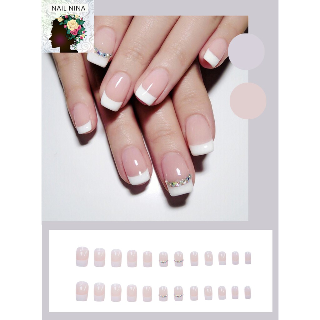 Bộ 24 móng tay giả Nail Nina trang trí nghệ thuật họa tiết màu hồng kim cương mã 135【Tặng kèm dụng cụ lắp】