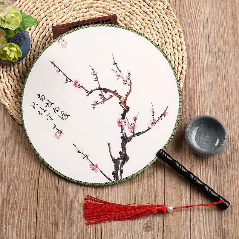 Quạt tròn cổ trang HAI MẶT ĐÀO THẾ MAI MẪU ĐƠN ĐỎ gắn tua rua quạt cầm tay cosplay xinh xắn