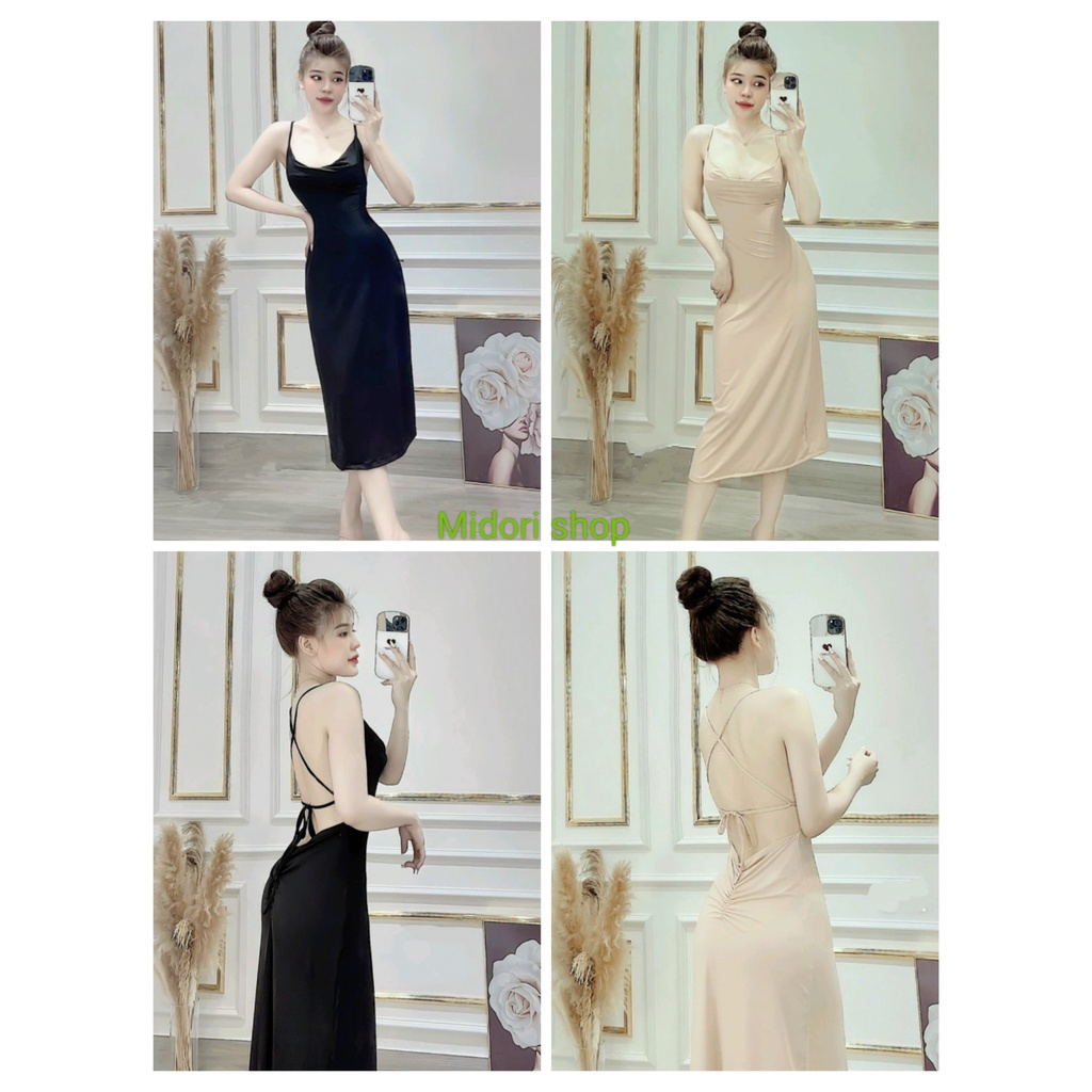 Đầm body hai dây đan lưng kết hợp nhún lưng quyến rũ, đầm ôm body nữ giá rẽ chất thun borip co giãn tốt, 2 màu đen- nude