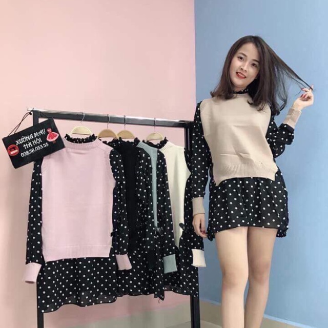 Váy len phối vải chấm bi