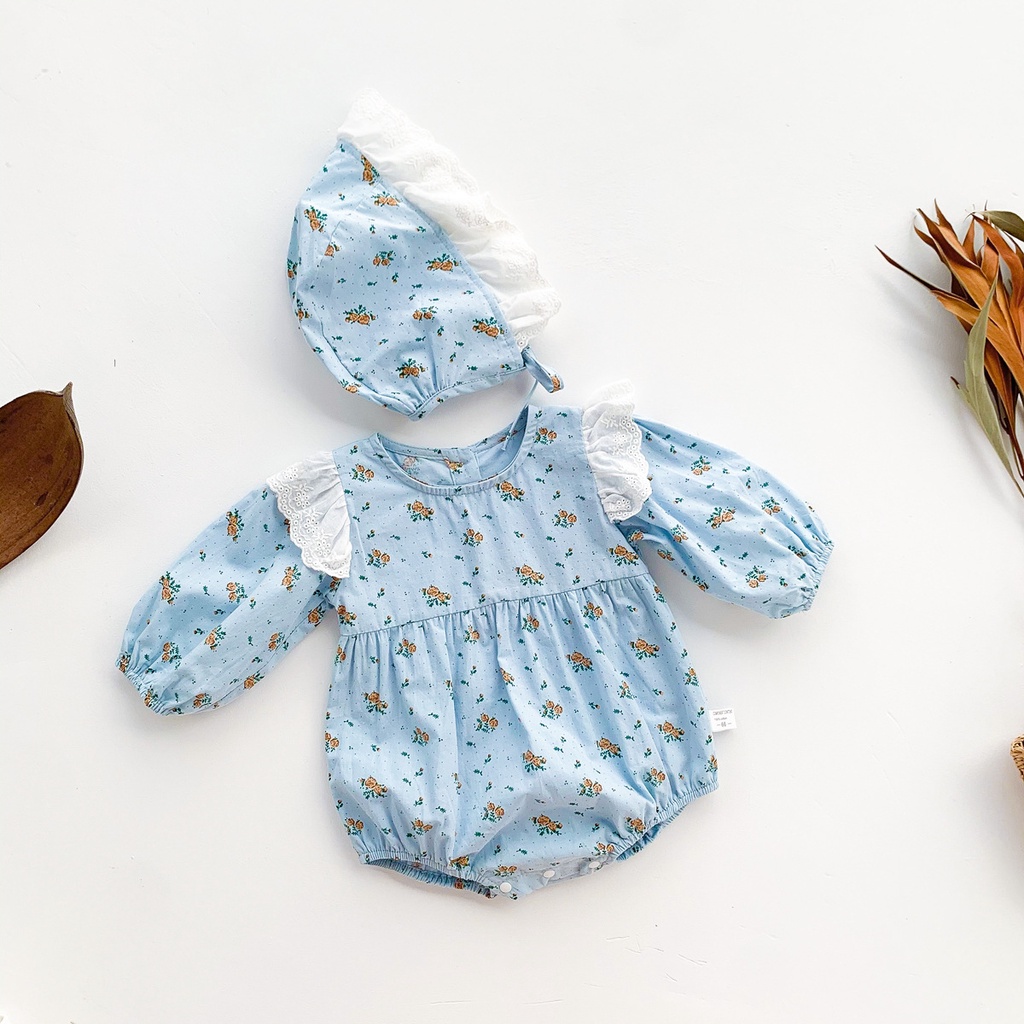 Bộ áo liền quần dài tay in hoa + mũ cho bé gái sơ sinh