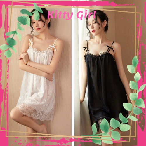 Váy Ngủ 2 Dây Đầm Ngủ Sexy Phối Ren 2s Nơ Váy Dáng Xòe Mặc Nhà Quyến Rũ VN13