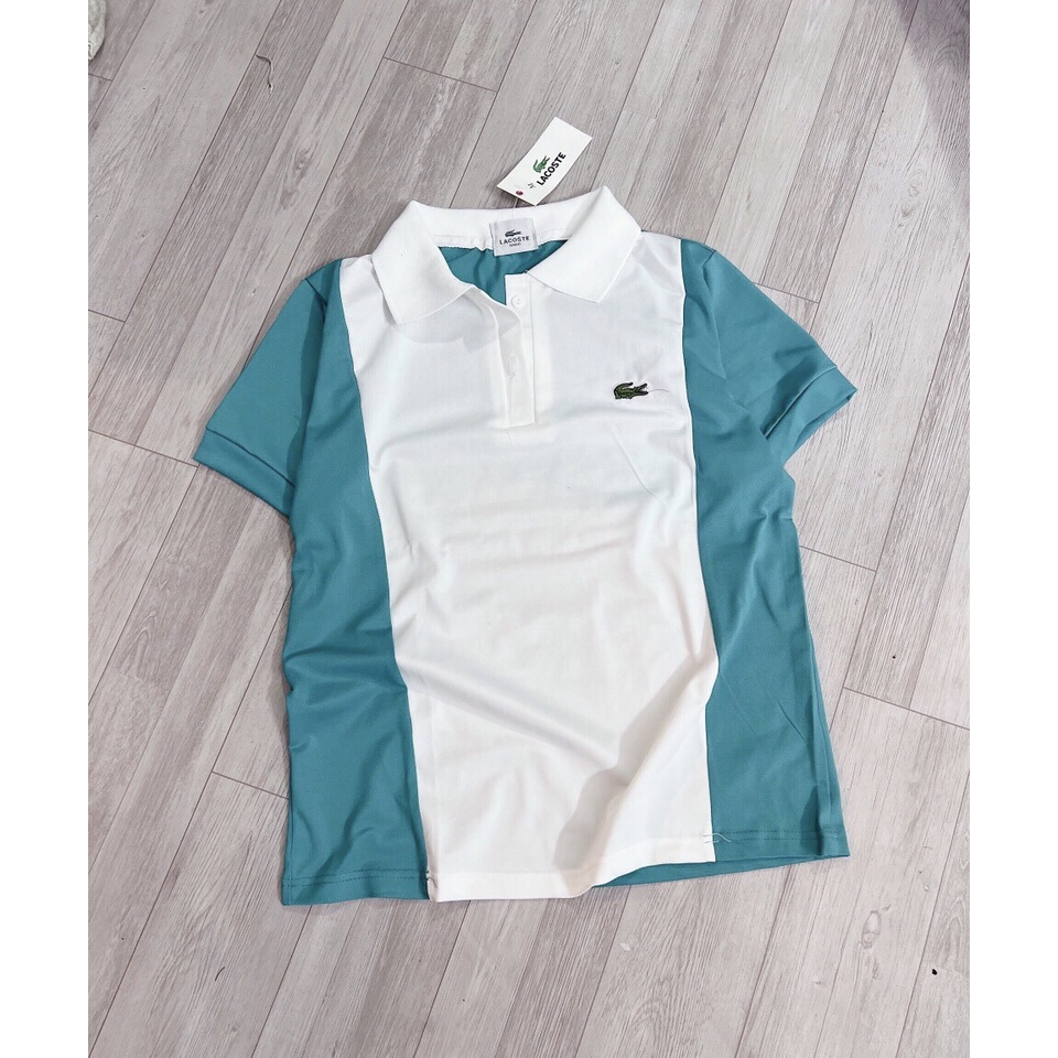Áo thun polo Lacoste trắng kẻ xanh unisex nam nữ chất cotton cá sấu đẹp