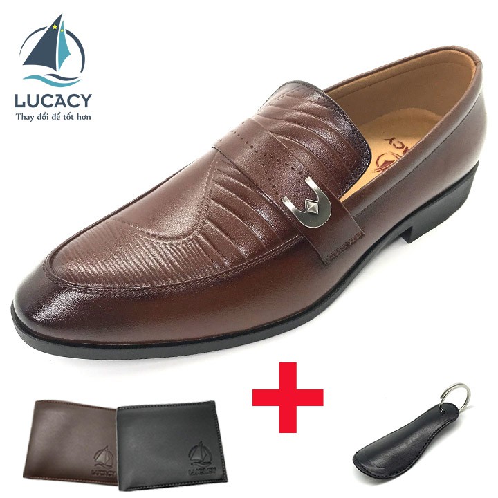 Combo giày lười công sở nam Lucacy da thật N101MN + ví da Lucacy + dụng cụ đón gót hanmade da thật