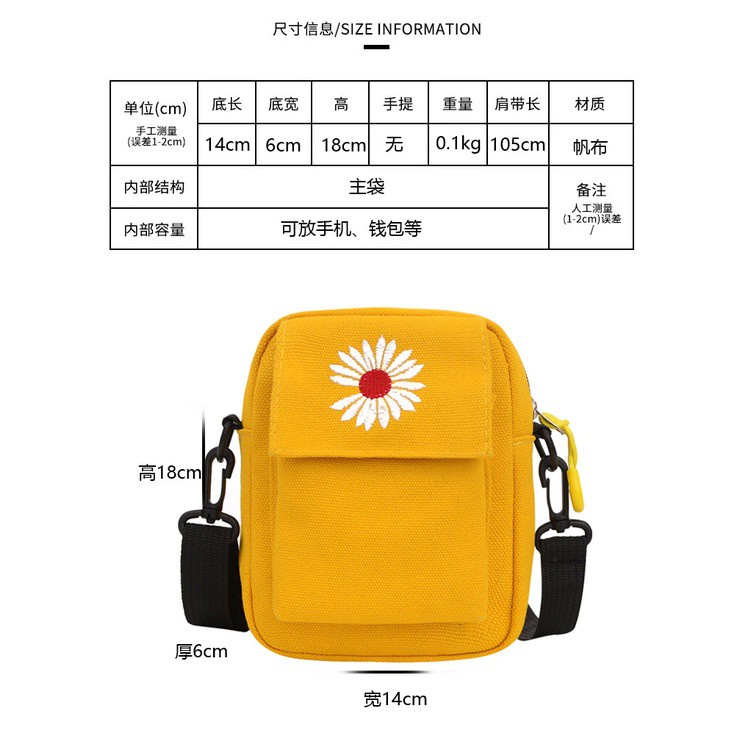 Túi Vải Canvas Đeo Chéo Vai Thêu Hình Hoa Cúc Nhỏ Xinh Thời Trang Vintage Hàn Quốc