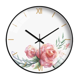 Đồng hồ treo tường tròn phong cách Bắc Âu hoa hồng màu nước loang 048 25cm - Đen