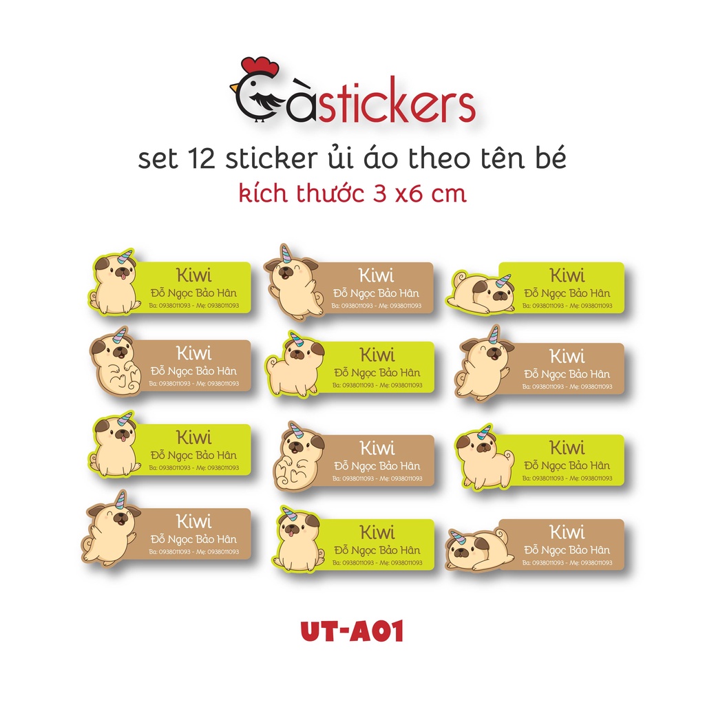 Sticker ủi áo in tên trẻ em GaStickers UT-A01 bộ 12 miếng kích thước 3 x 6 cm