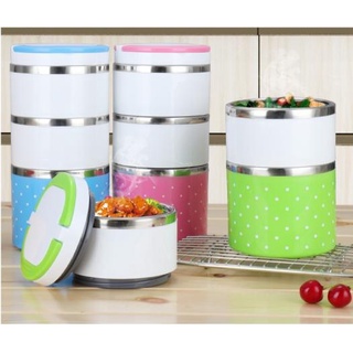 Hộp cơm giữ nhiệt ruột inox chấm bi 3 tầng đa năng - hộp cơm trưa văn phòng tiện dụng