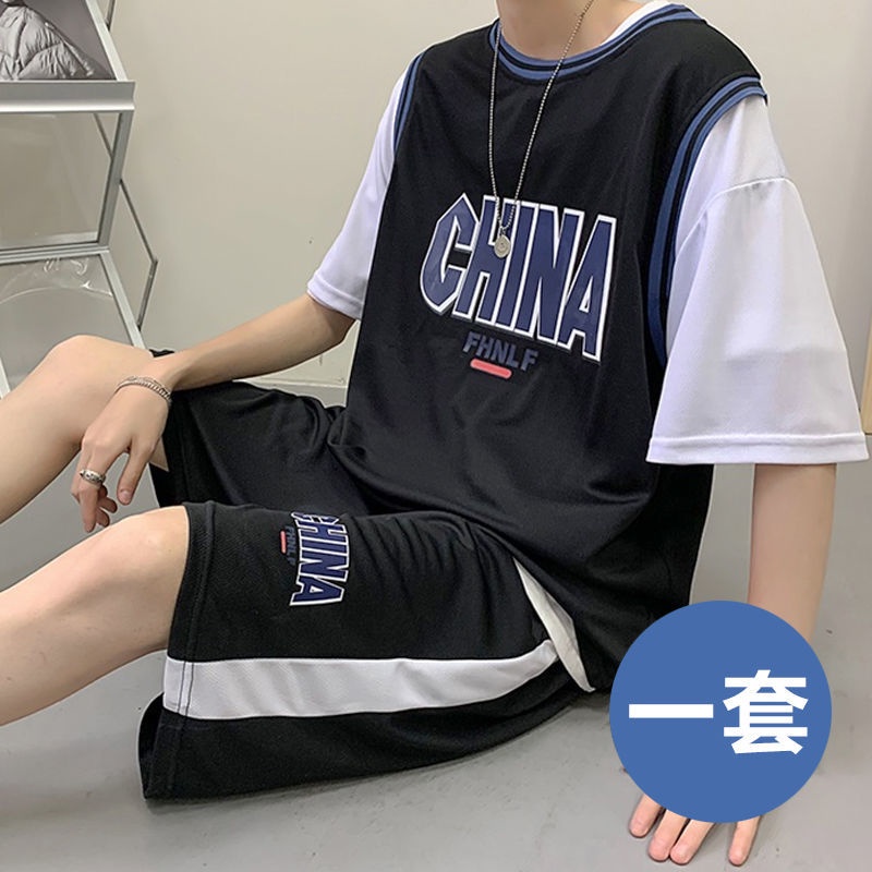 Summer ice silk fake two-piece sportswear suit 2021 new men's fashion casual short-sleeved t-shirt basketball shorts