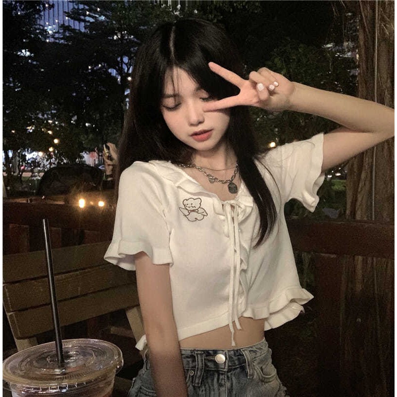Áo croptop dệt kim thiết kế tay ngắn gợi cảm