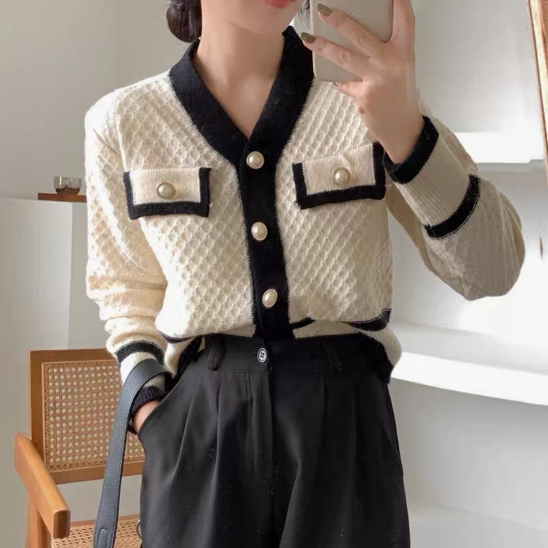 Áo len dệt kim nữ mắt lưới cài cúc màu trắng đen dài tay tiểu thư nữ tính sang chảnh Hàn Quốc loại 1