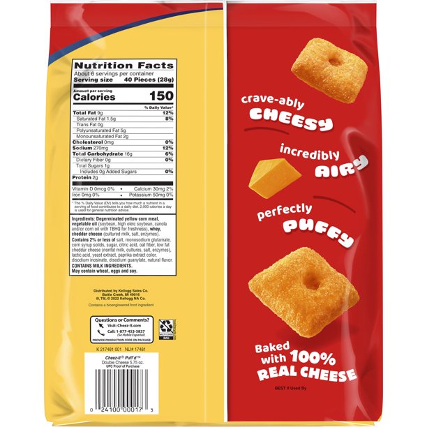 Snack Cheez-It Puff'd giòn tan từ 100% phô mai gói 163g - USA cheesy, airy, & puffy snack baked with 100% REAL CHEESE