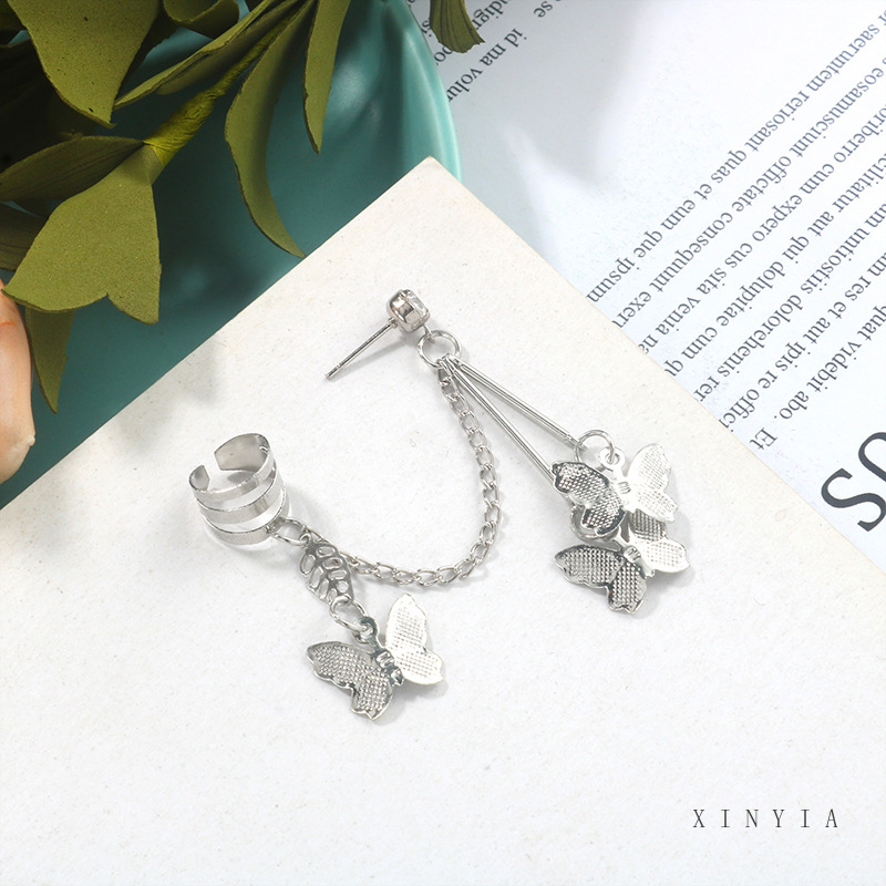 Khuyên vành tai kim loại thiết kế bươm bướm phối chuỗi xích cá tính thời trang dành cho nữ