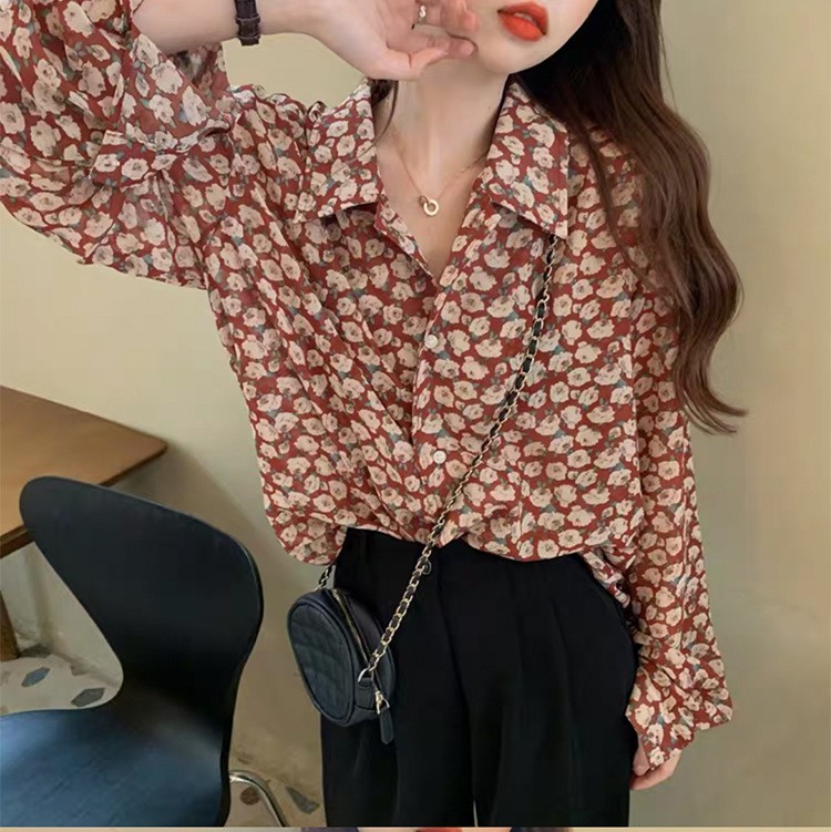 Áo sơ mi voan tay dài thời họa tiết hoa trang xuân hè  cho nữ