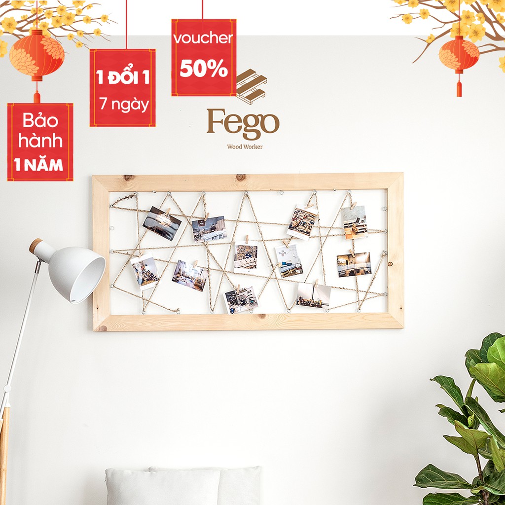 Khung ảnh treo tường dạng lưới bằng gỗ thông Fego/ Giá treo ảnh tặng kèm kẹp gỗ Decor trang trí nhà cửa | WebRaoVat - webraovat.net.vn