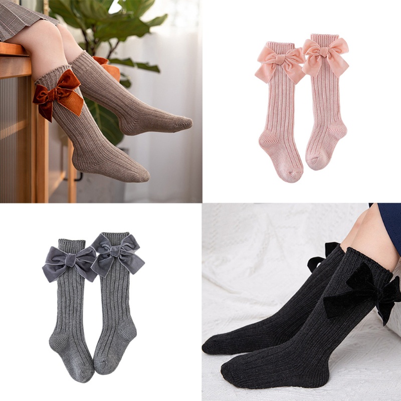 Vớ Cotton Nhung Dệt Kim Cao Tới Gối Màu Trơn Đính Nơ Dễ Thương Cho Bé Gái Sơ Sinh