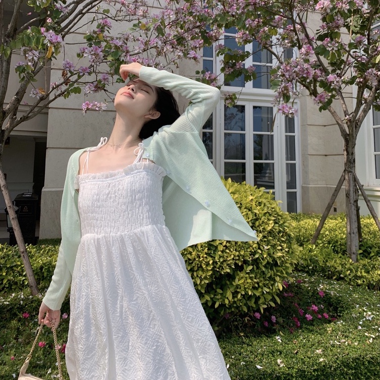 V001 Váy hai dây thắt nơ chun ngực viền bèo Ulzzang dáng xòe xinh xắn đầm voan mềm  Hàn Quốc cá tính phong cách | BigBuy360 - bigbuy360.vn