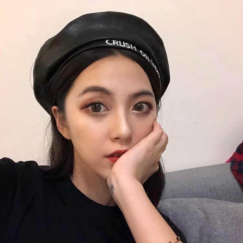 Mũ Beret Da PU In Chữ Phong Cách Retro Nhật Bản Cho Nữ