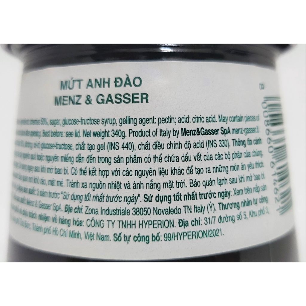 [Lọ 340g – CHERRY ] MỨT QUẢ ANH ĐÀO [Italia] MENZ &amp; GASSER Cherry Jam