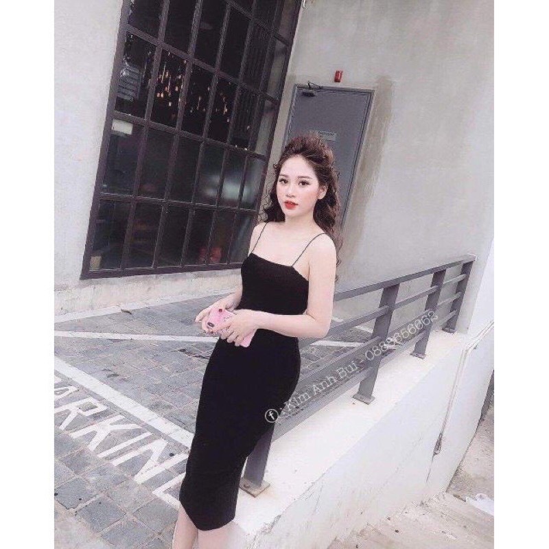 Váy body đen tôn dáng Đầm 2 dây form ôm dài 1m2 vải len tăm dày đẹp freeship | BigBuy360 - bigbuy360.vn