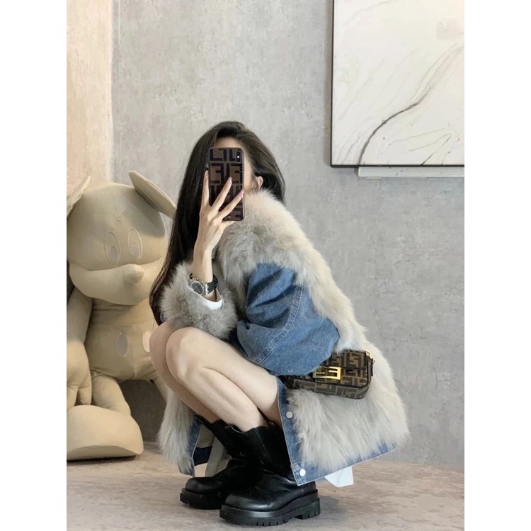 Tosikana Áo Khoác Denim Phối Lông Cáo Giả Dáng Rộng Thời Trang Thu Đông Cho Nữ Tren