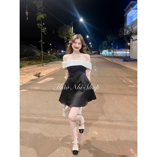 g1- đầm xoè đen phối trắng nơ lưng