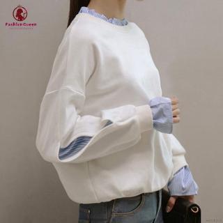 Áo Sweater cổ tròn dáng rộng giả cổ sơ mi màu trơn thời trang cho nữ