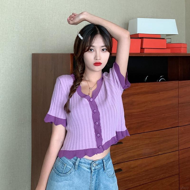 Áo Cardigan Dệt Kim Tay Ngắn Cổ Chữ V Dáng Rộng Phong Cách Hàn Quốc