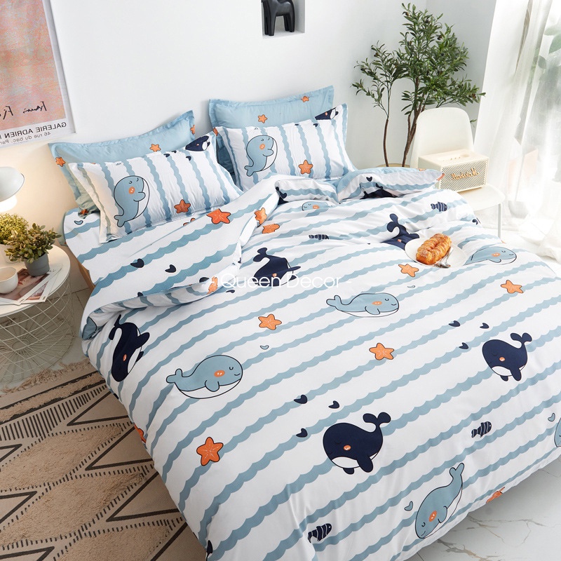 Bộ chăn ga gối Cotton Poly Mẫu Cá Heo Xanh HDBBEDDING M2 M4 M6 M8 2M2 drap giường Hàn Quốc miễn phí bo chun ga giường