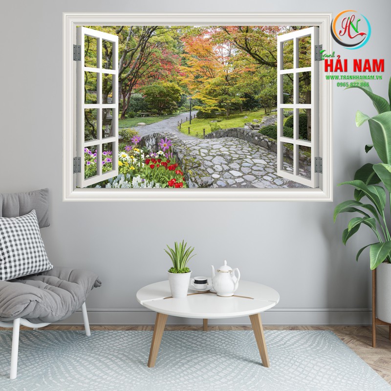 Tranh dán tường 3D cửa sổ - vải lụa phủ kim sa